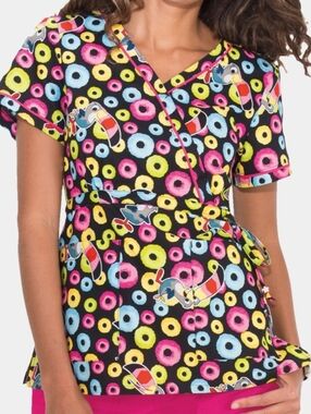 Kelloggs Froot Loops V-Neck Mock Wrap Short Sleeve Scrub Top Size L